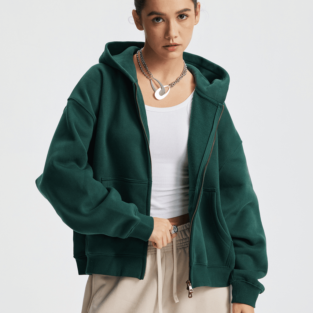 Unisex Boxy Cropped Fleece Zip-up Hoodie