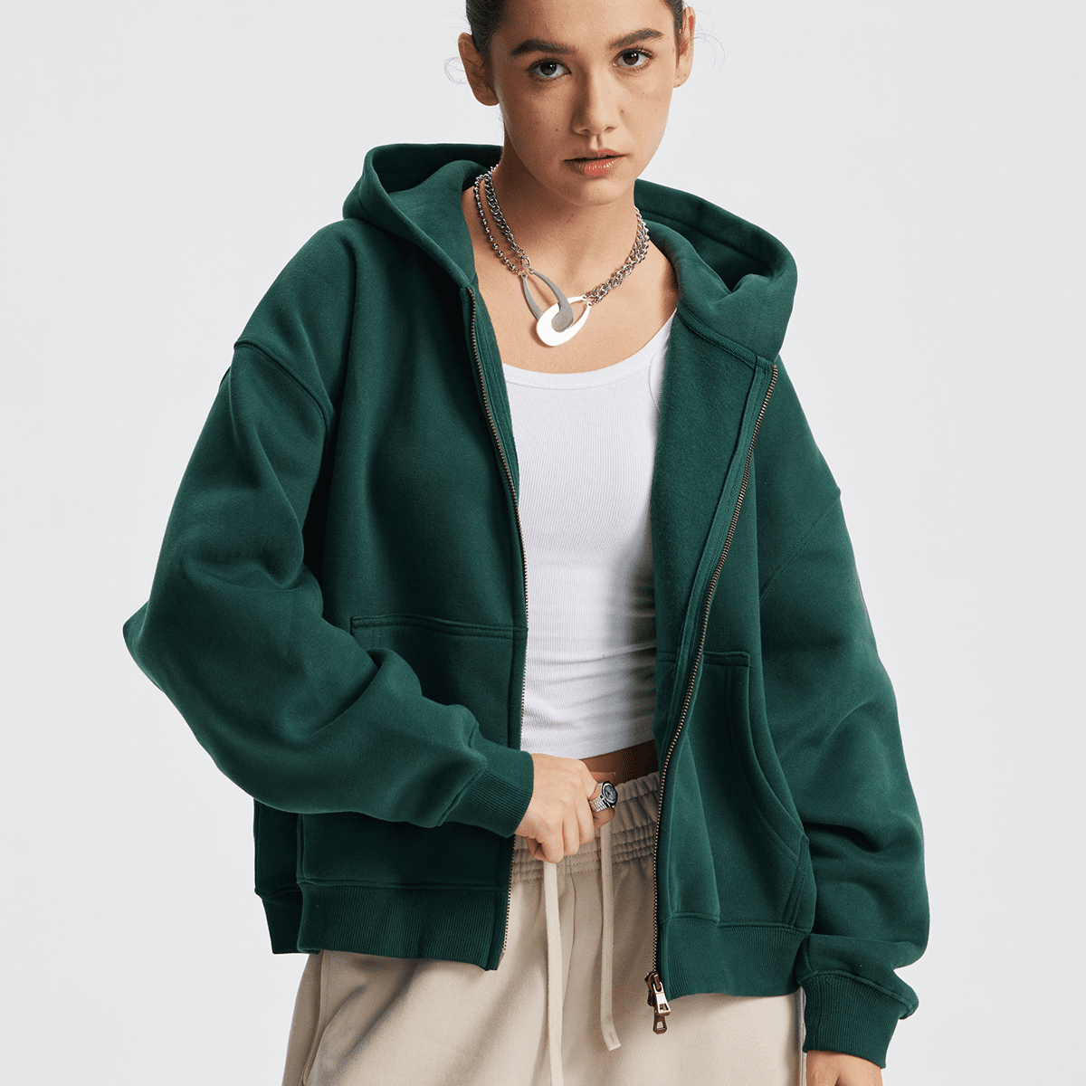 Unisex Boxy Cropped Fleece Zip-up Hoodie