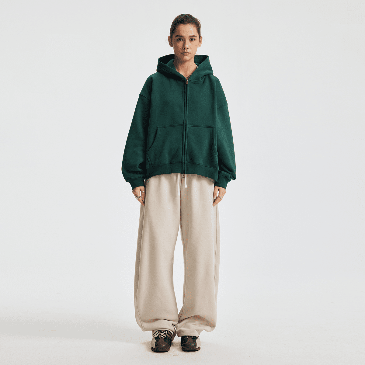 Unisex Boxy Cropped Fleece Zip-up Hoodie