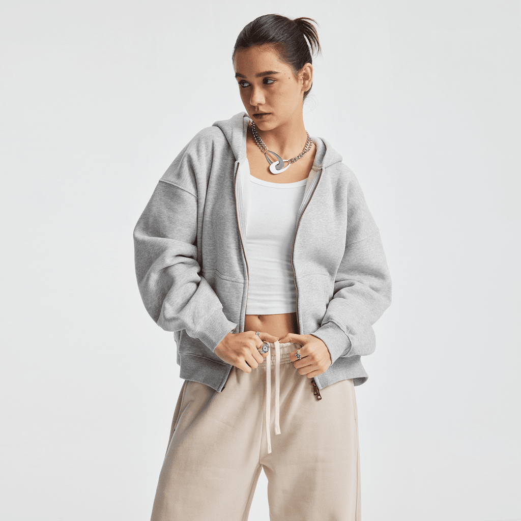 Unisex Boxy Cropped Fleece Zip-up Hoodie