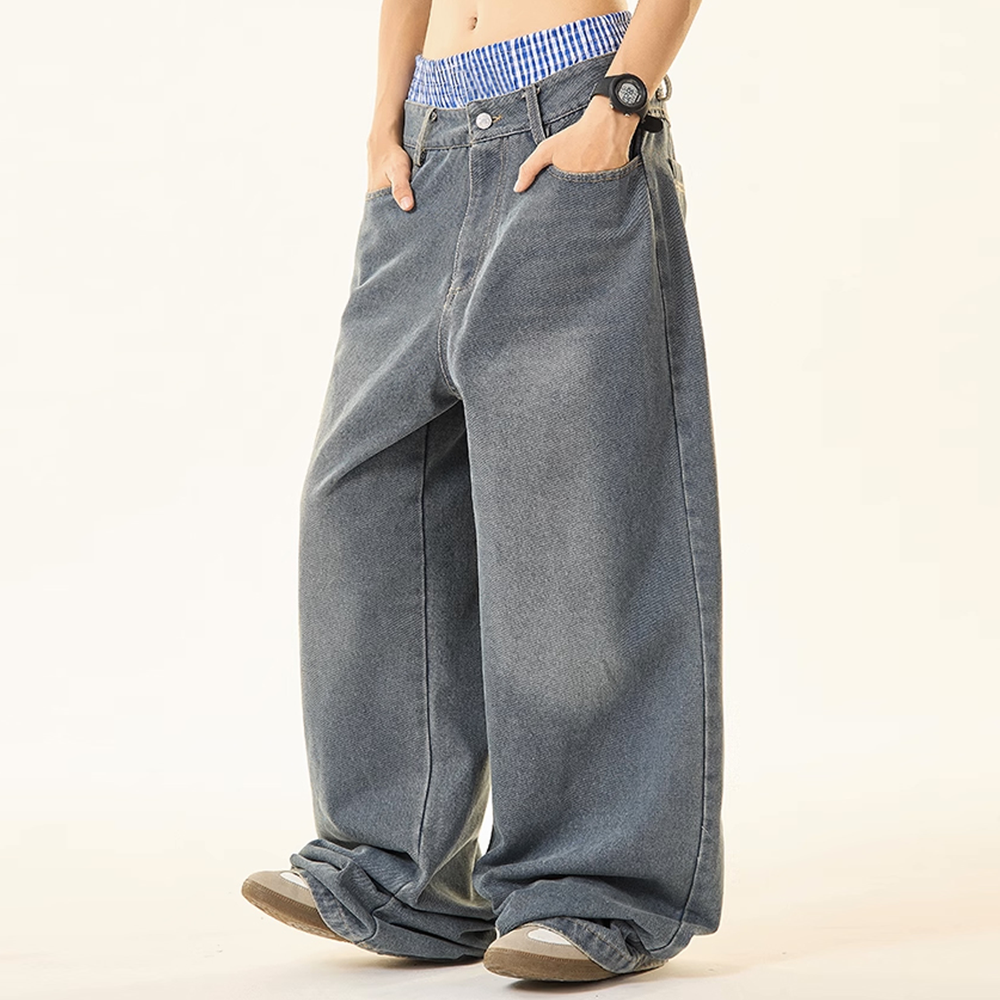 Unisex Wide Leg Jeans – Double Waist Hip-Hop Style