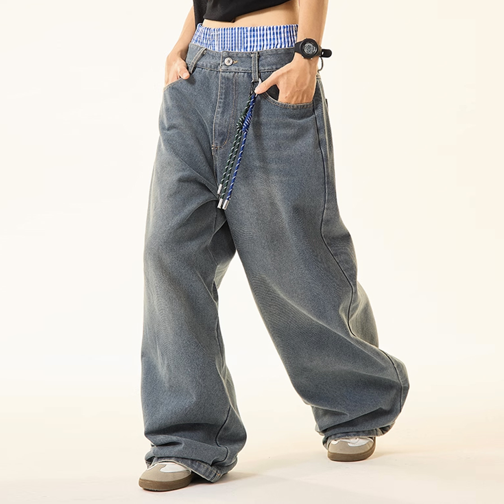 Unisex Wide Leg Jeans – Double Waist Hip-Hop Style