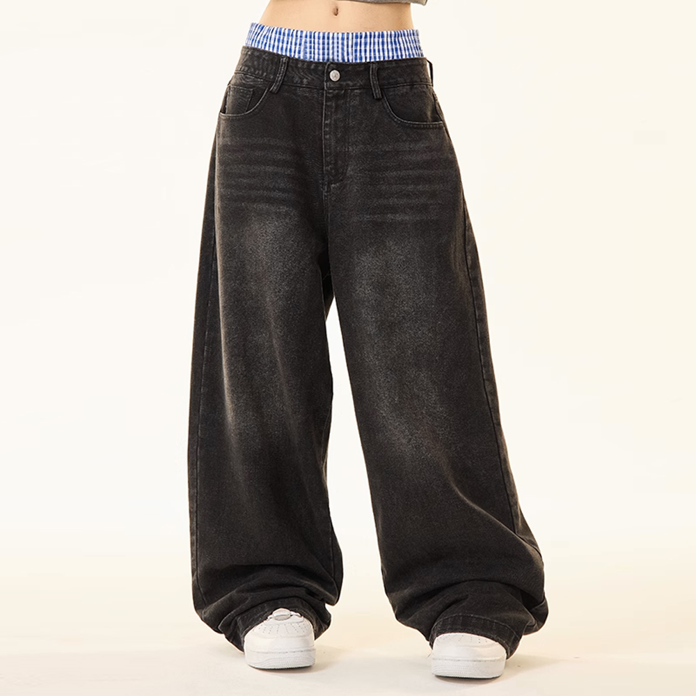 Unisex Wide Leg Jeans – Double Waist Hip-Hop Style