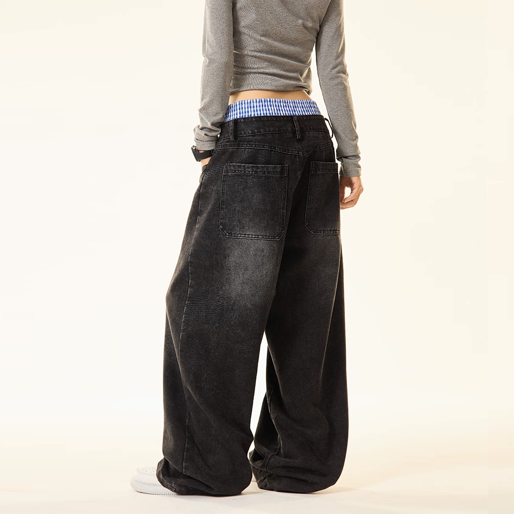 Unisex Wide Leg Jeans – Double Waist Hip-Hop Style