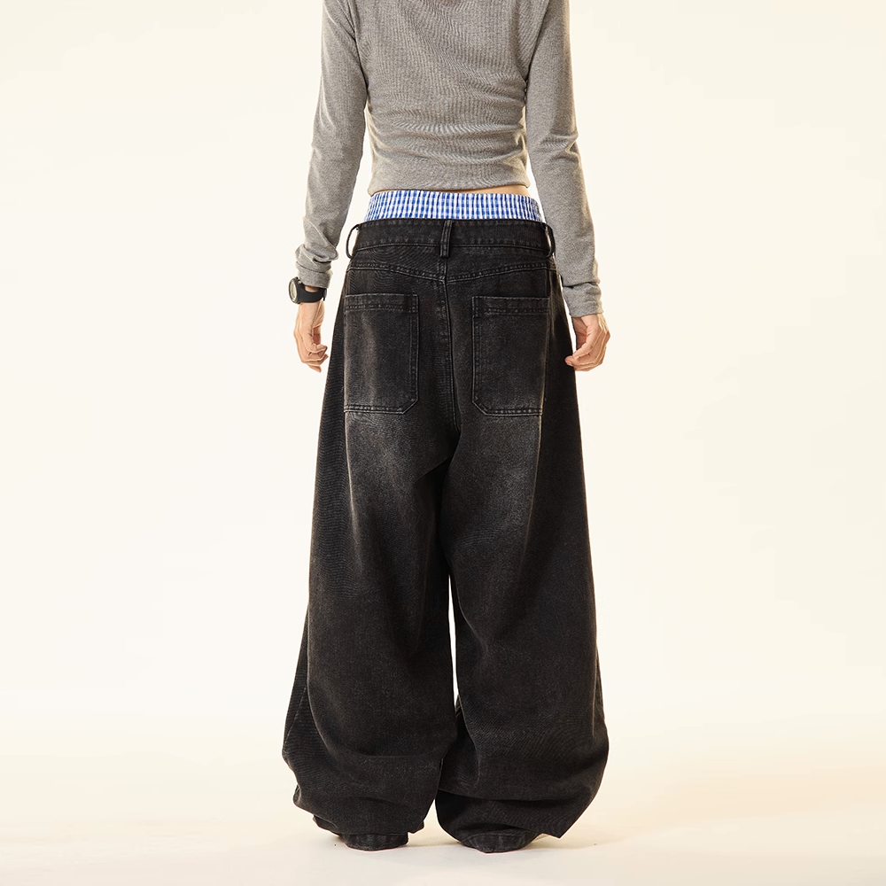 Unisex Wide Leg Jeans – Double Waist Hip-Hop Style