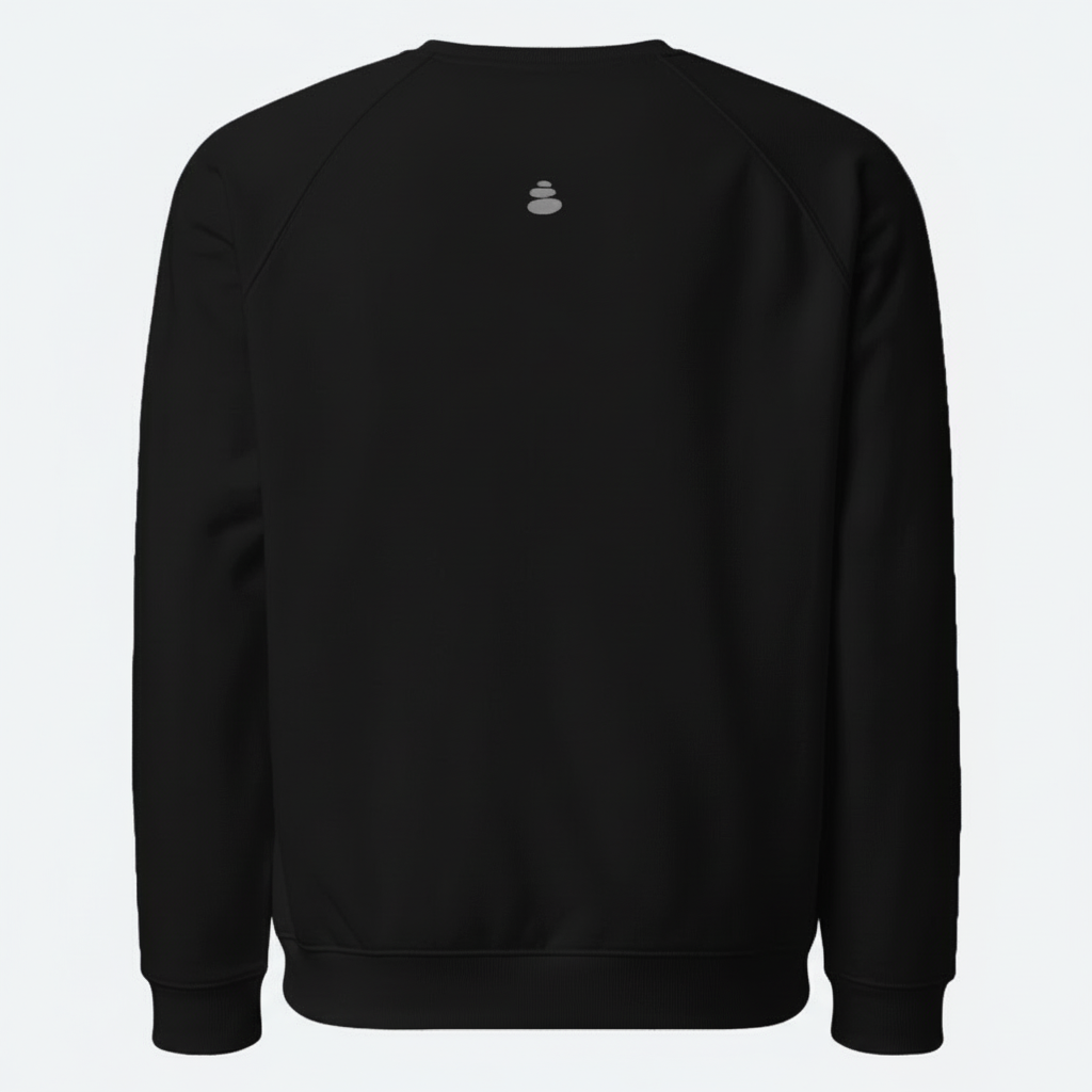 Black sweatshirt with a small logo on the chest against a light gray background