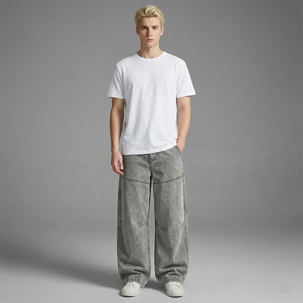 Person wearing a white t-shirt and gray pants on a gray background