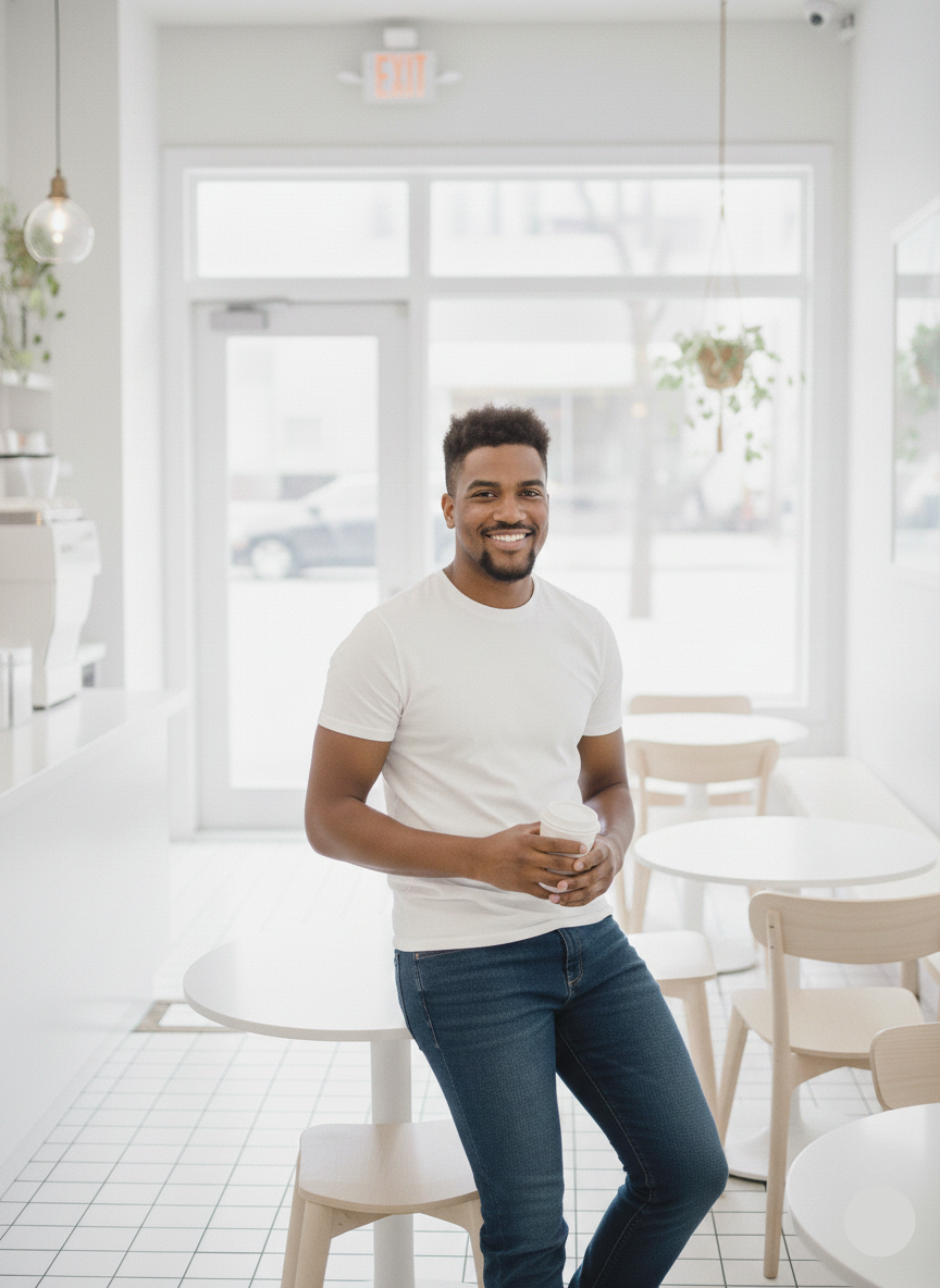 Man standing in a modern kitchen with white walls and light wood furniture.