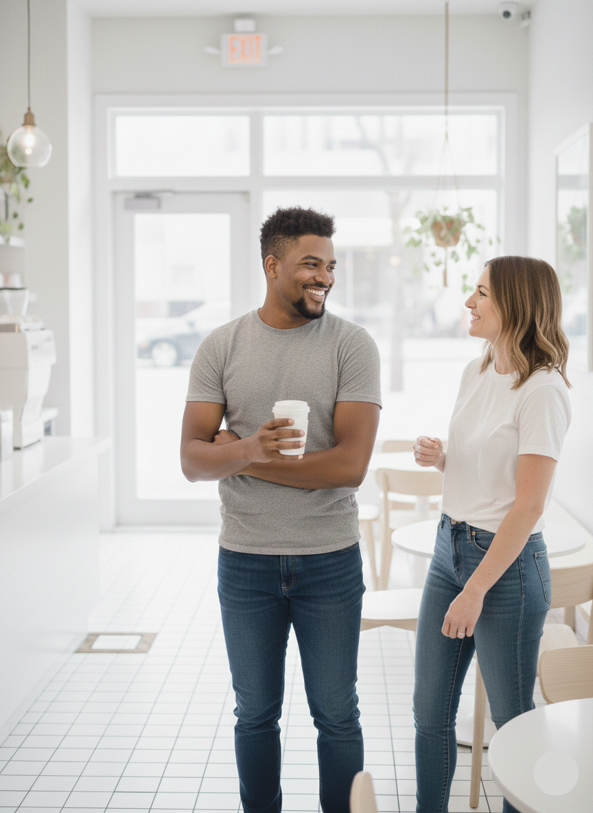 Two people standing and talking in a modern kitchen.