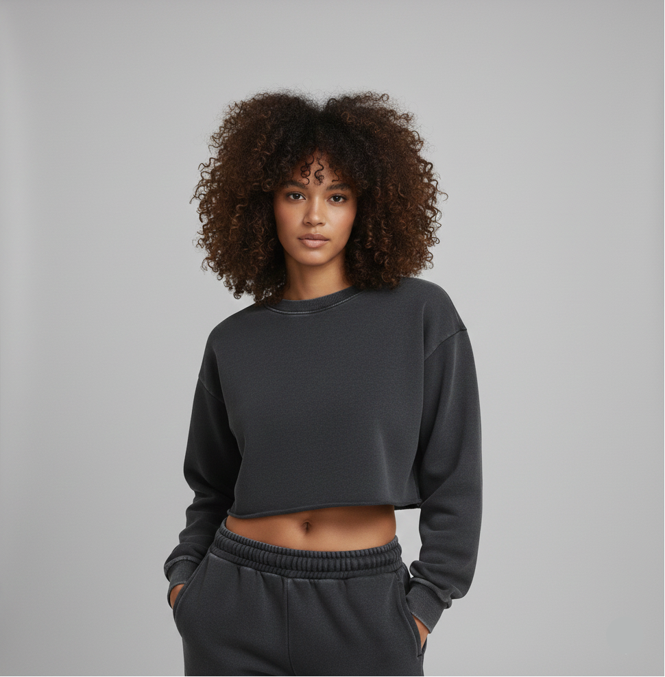 Person wearing a dark gray sweatshirt and pants against a plain background