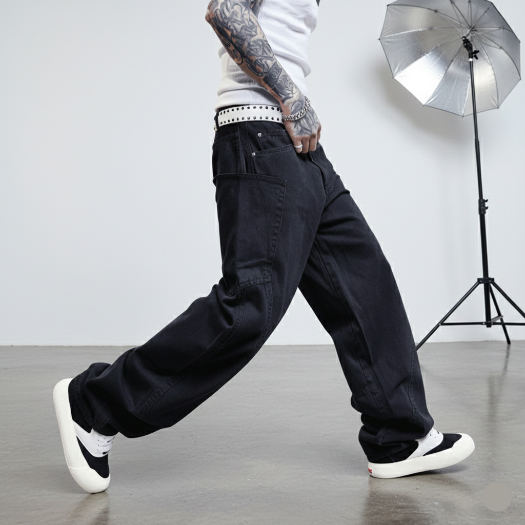 Person wearing black cargo pants walking in a studio setting with photography equipment.