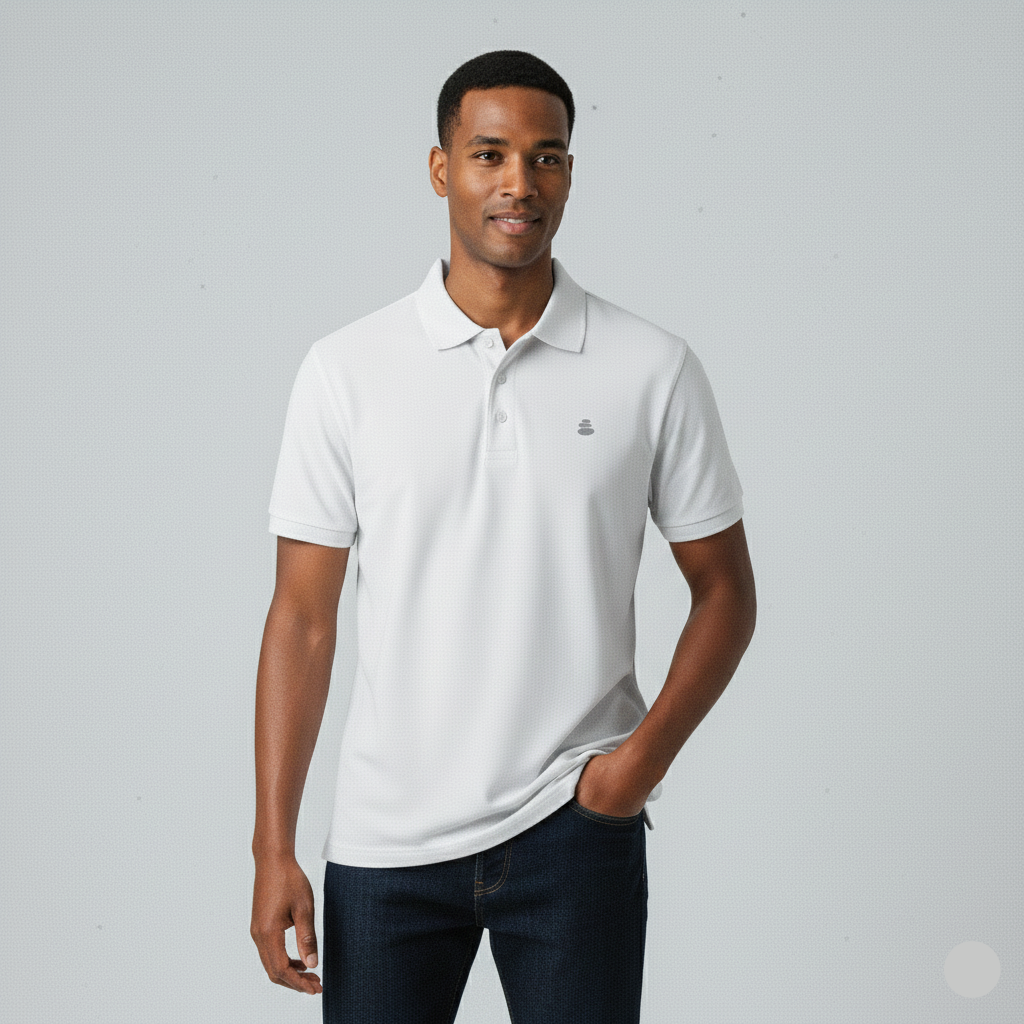 Man wearing a white polo shirt with a logo on a gray background