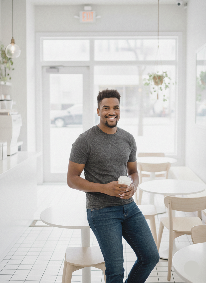 Man standing in a modern cafe holding a coffee cup