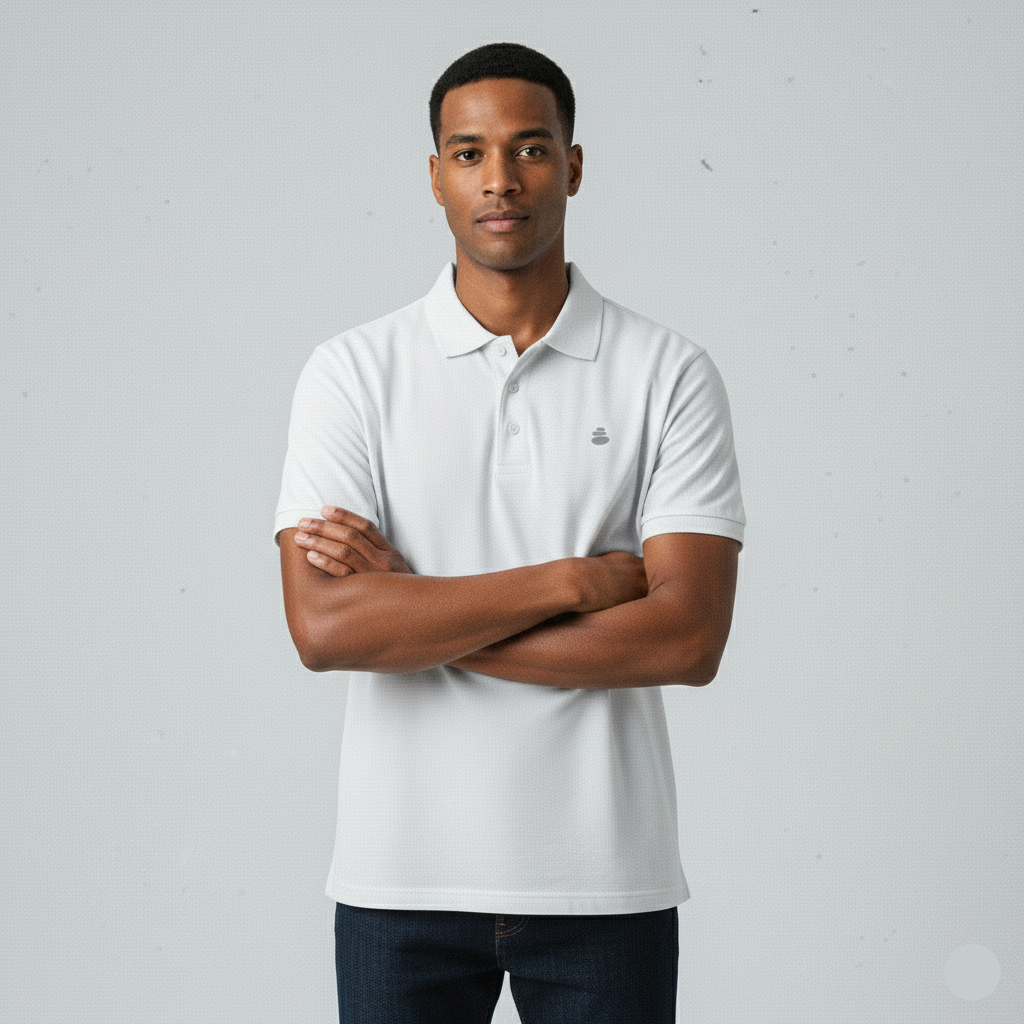 Man wearing a white polo shirt with a logo on a gray background