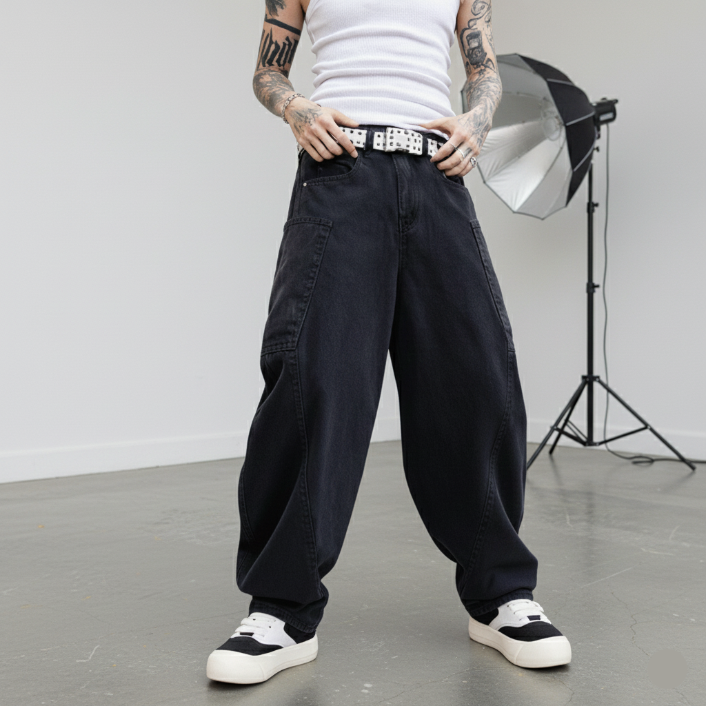 Person wearing black baggy pants and a white tank top in a studio setting.