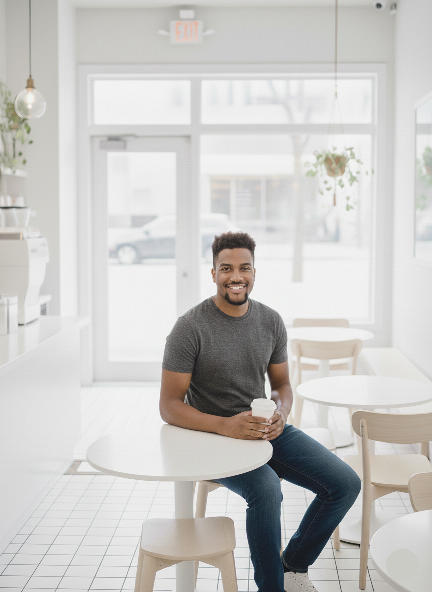 Man sitting at a table in a modern cafe with white interior