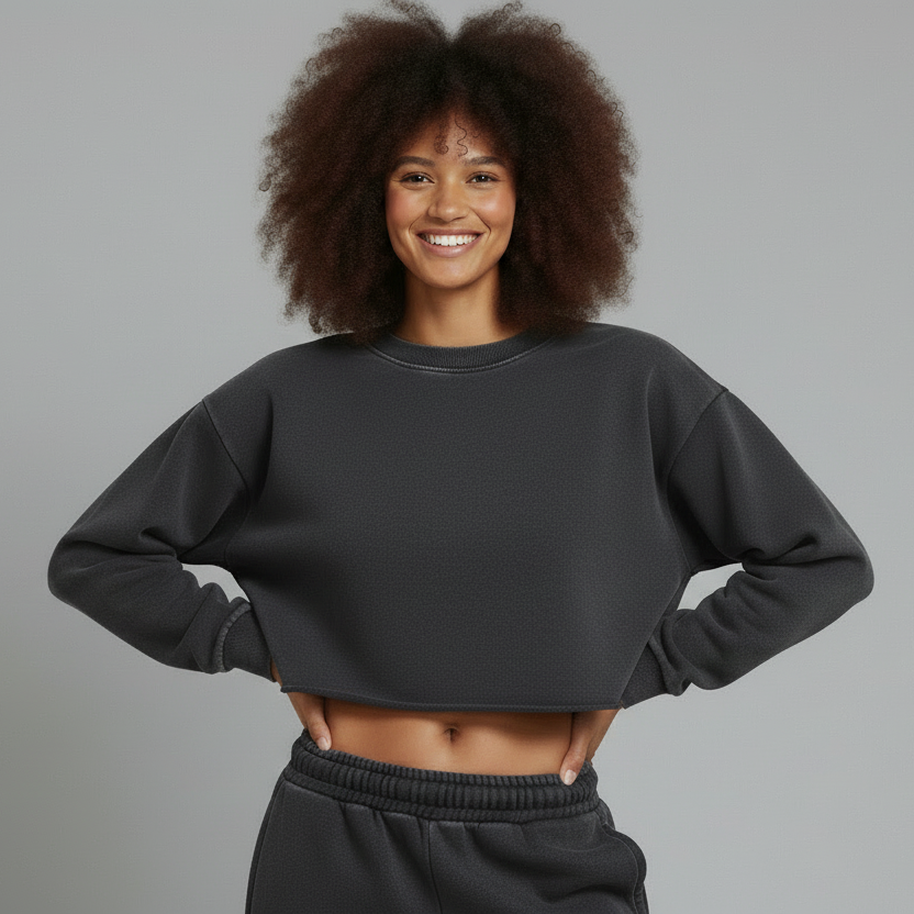 Person wearing a black sweatshirt and pants on a gray background