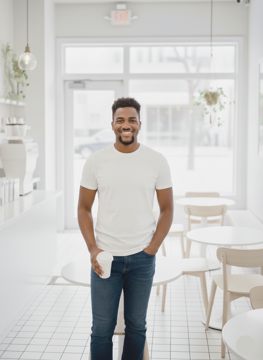 Man standing in a bright, minimalistic room with white furniture.