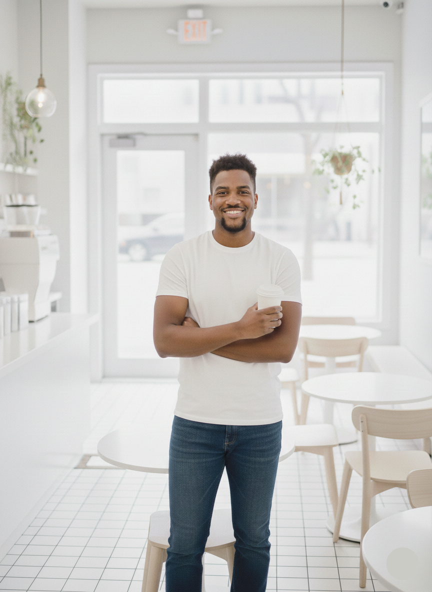 Man standing in a modern cafe with white walls and wooden furniture.