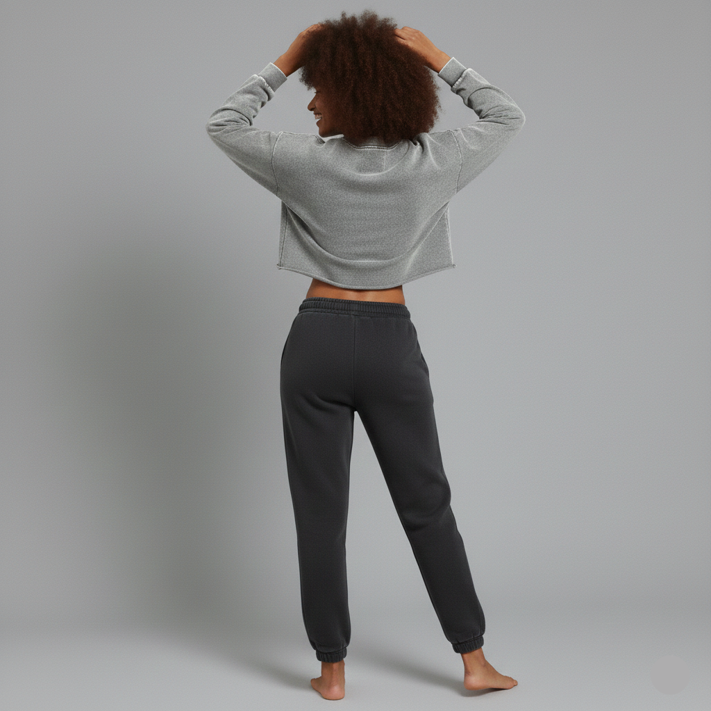 Person wearing a gray cropped sweater and black sweatpants on a gray background