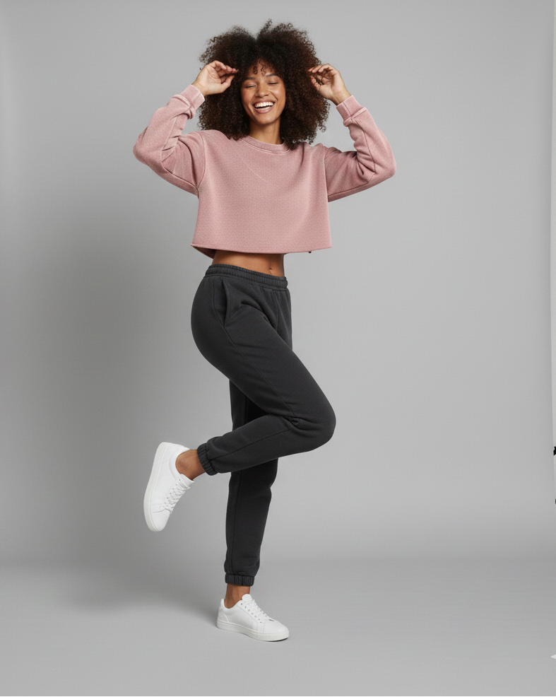 Woman in pink sweatshirt and black pants posing in a studio setting