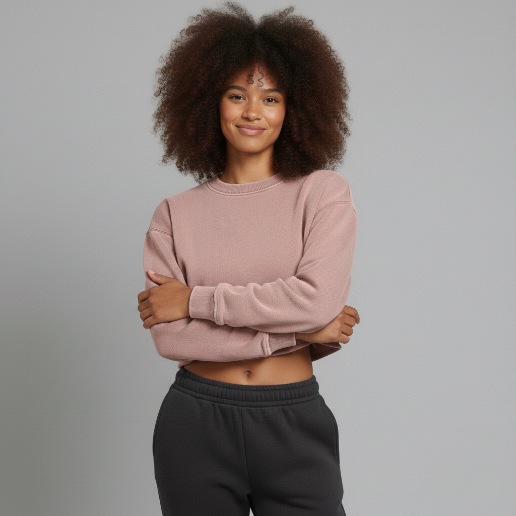 Person wearing a pink sweatshirt and black pants on a gray background