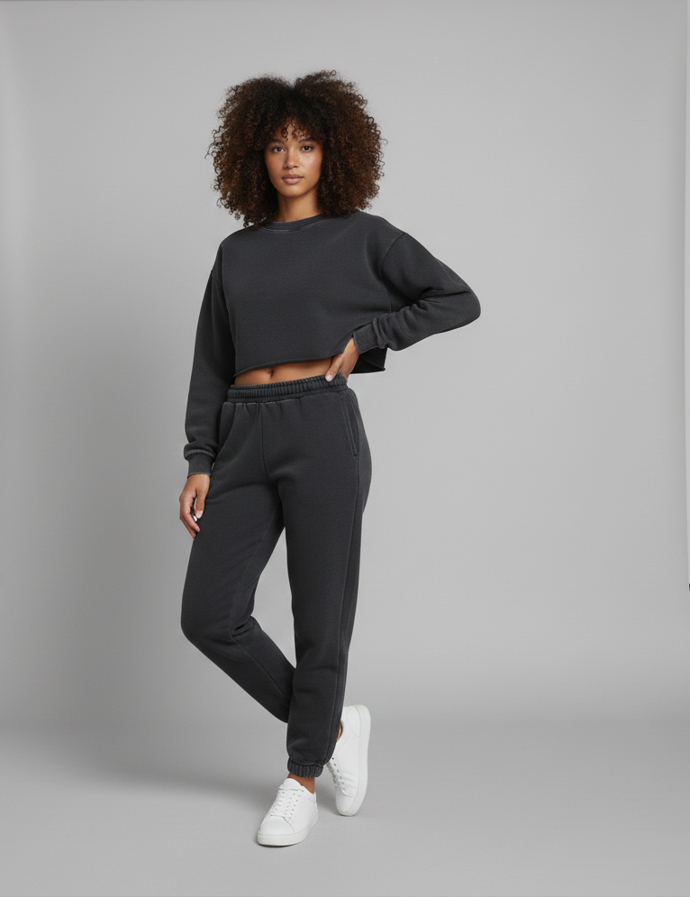 Woman wearing a dark gray sweatshirt and pants in a studio setting with photography equipment.