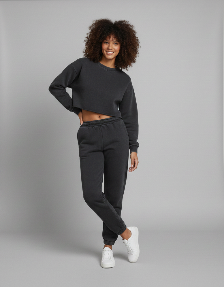 Woman wearing a black sweatshirt and pants standing in front of a gray backdrop