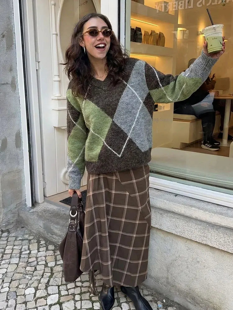Women Argyle Knitted Sweater