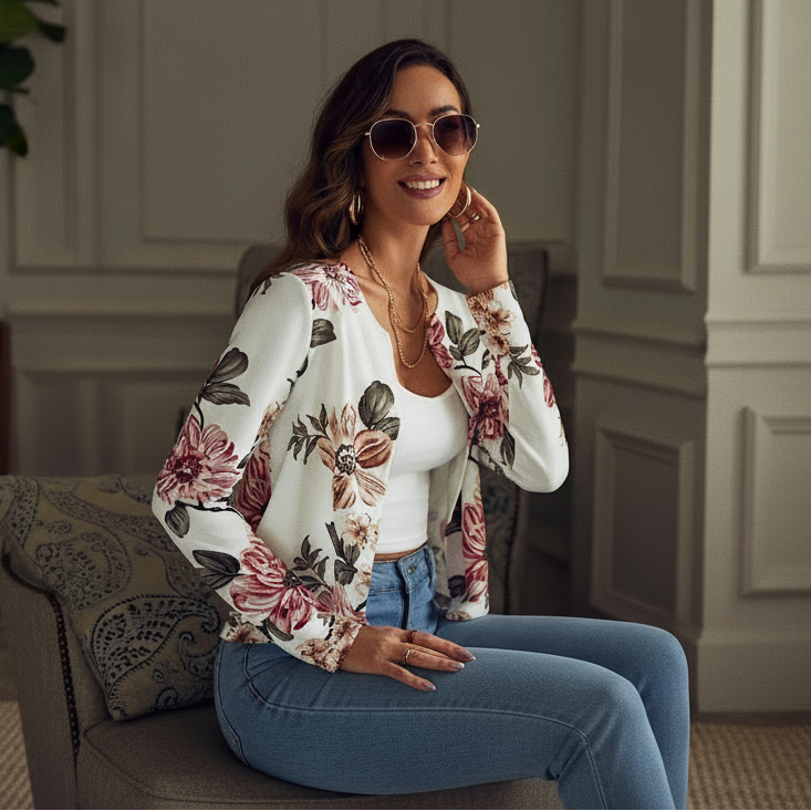 Woman wearing a floral kimono-style jacket over a white top and blue jeans, sitting indoors.