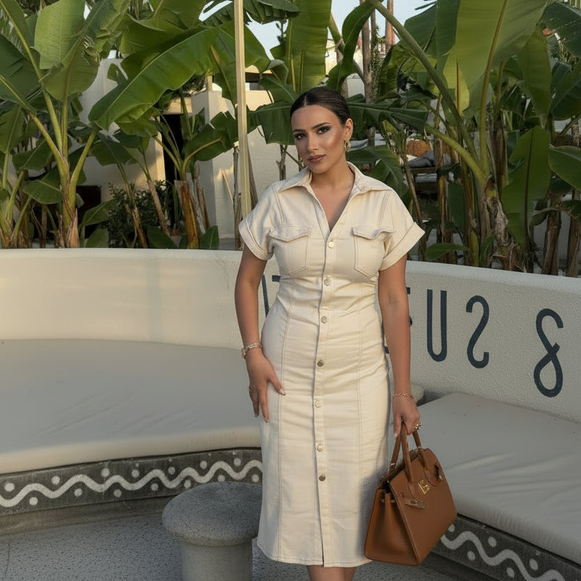 Woman in a beige dress standing in front of a white wall with 'E&F' on it, surrounded by greenery.