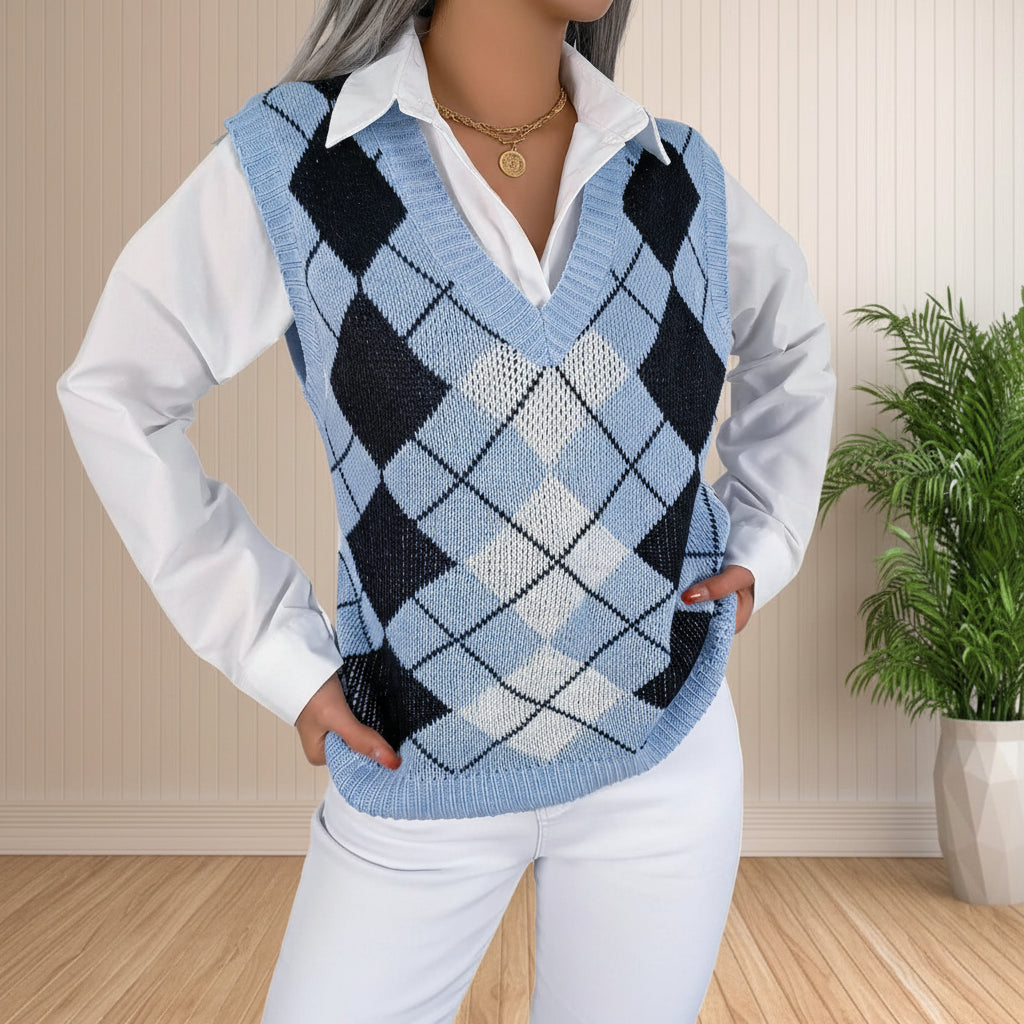 Women's Preppy Style Argyle Plaid Knitted Sweater Vest