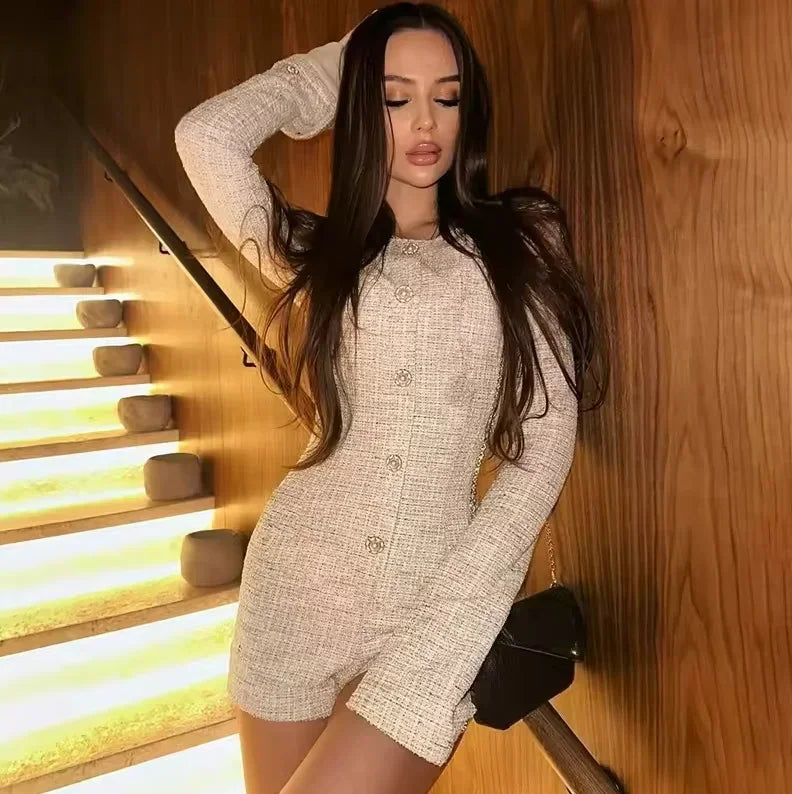 Women Tweed Long-sleeve Jumpsuit
