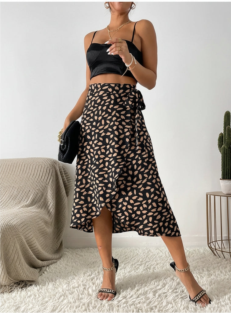 Women Casual Print Tie Side Wrap Skirt