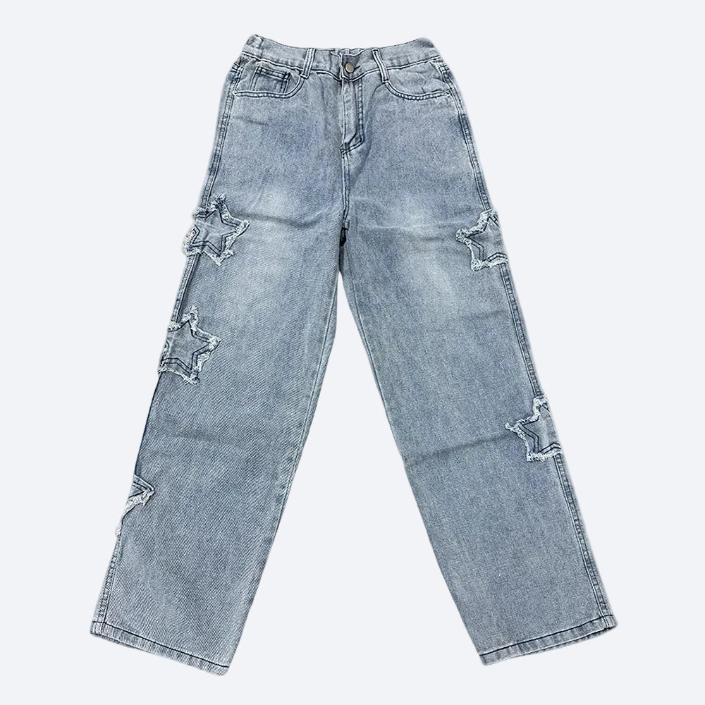 Light blue jeans with distressed details on a white background