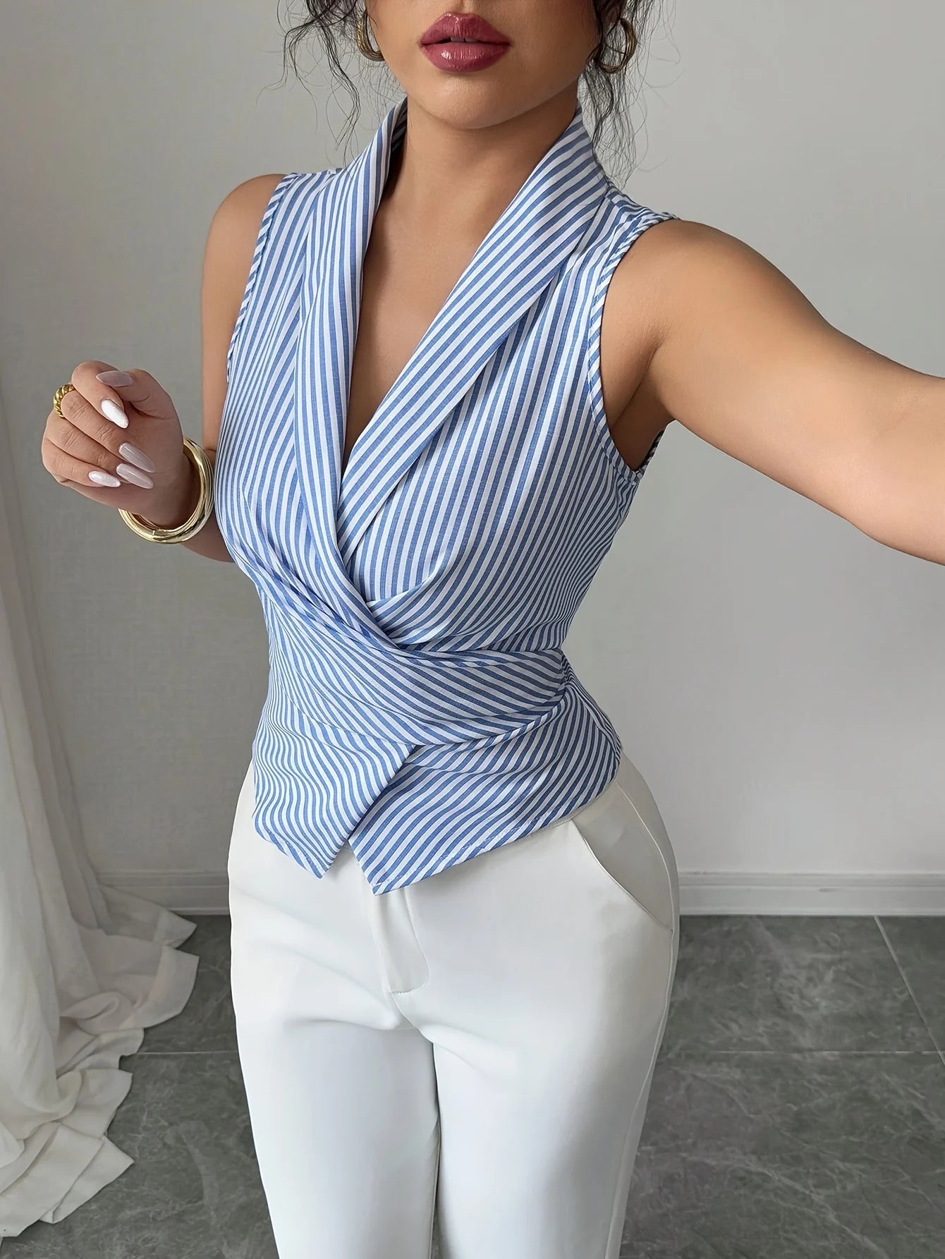 Women's Elegant Sleeveless V-Neck Blouse with Bow Belt Detail