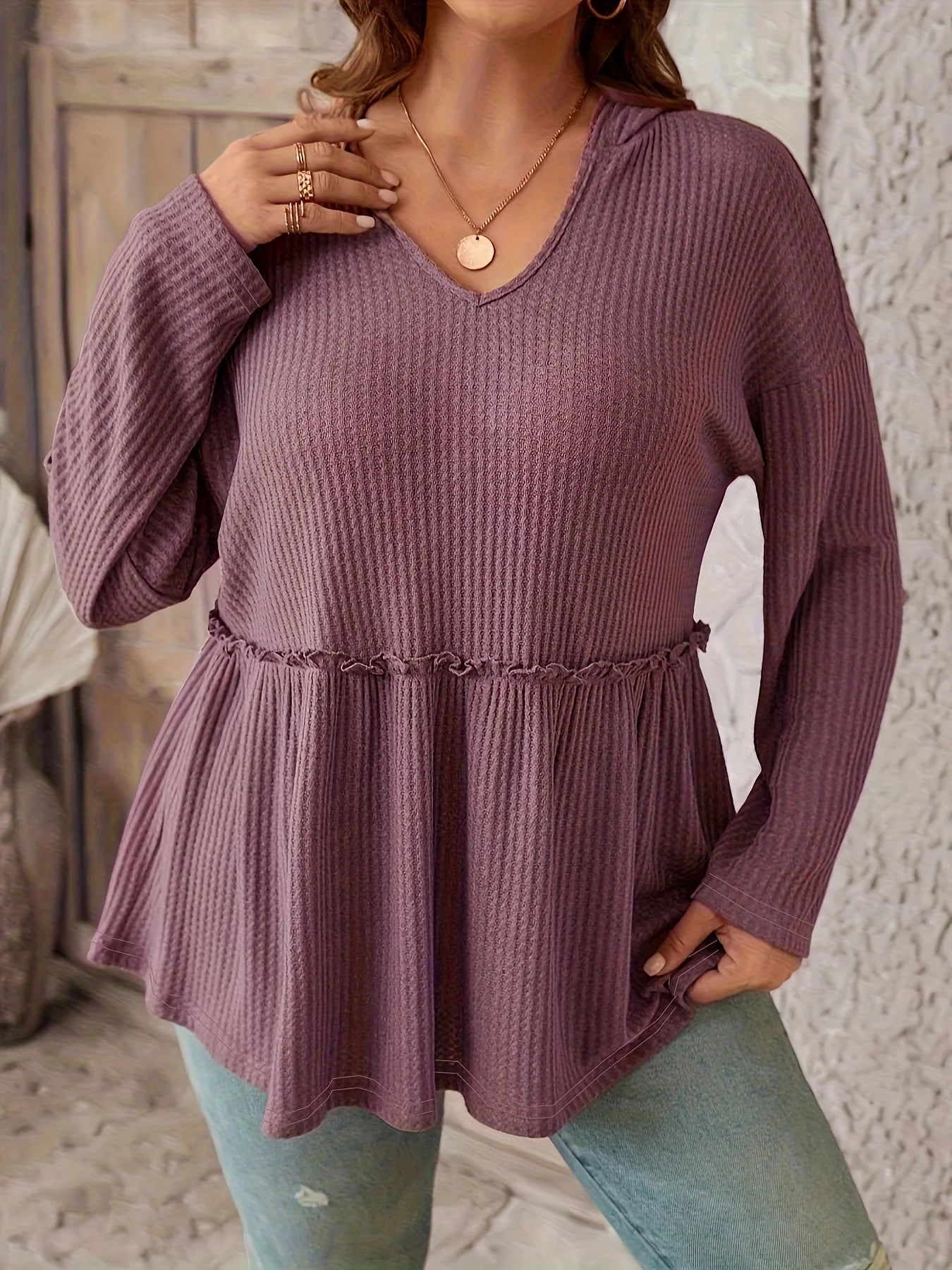 Light brown Women's Plus-Size Spring Knitted Casual Solid T-Shirt Light brown