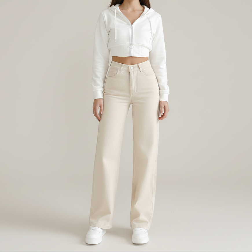 Person wearing beige wide-leg pants and white sneakers, holding a white cup.