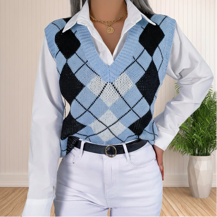Women's Preppy Style Argyle Plaid Knitted Sweater Vest