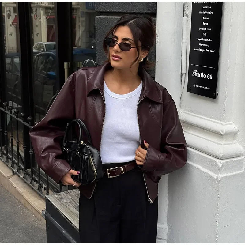 Wine Red Lapel Leather Jackets