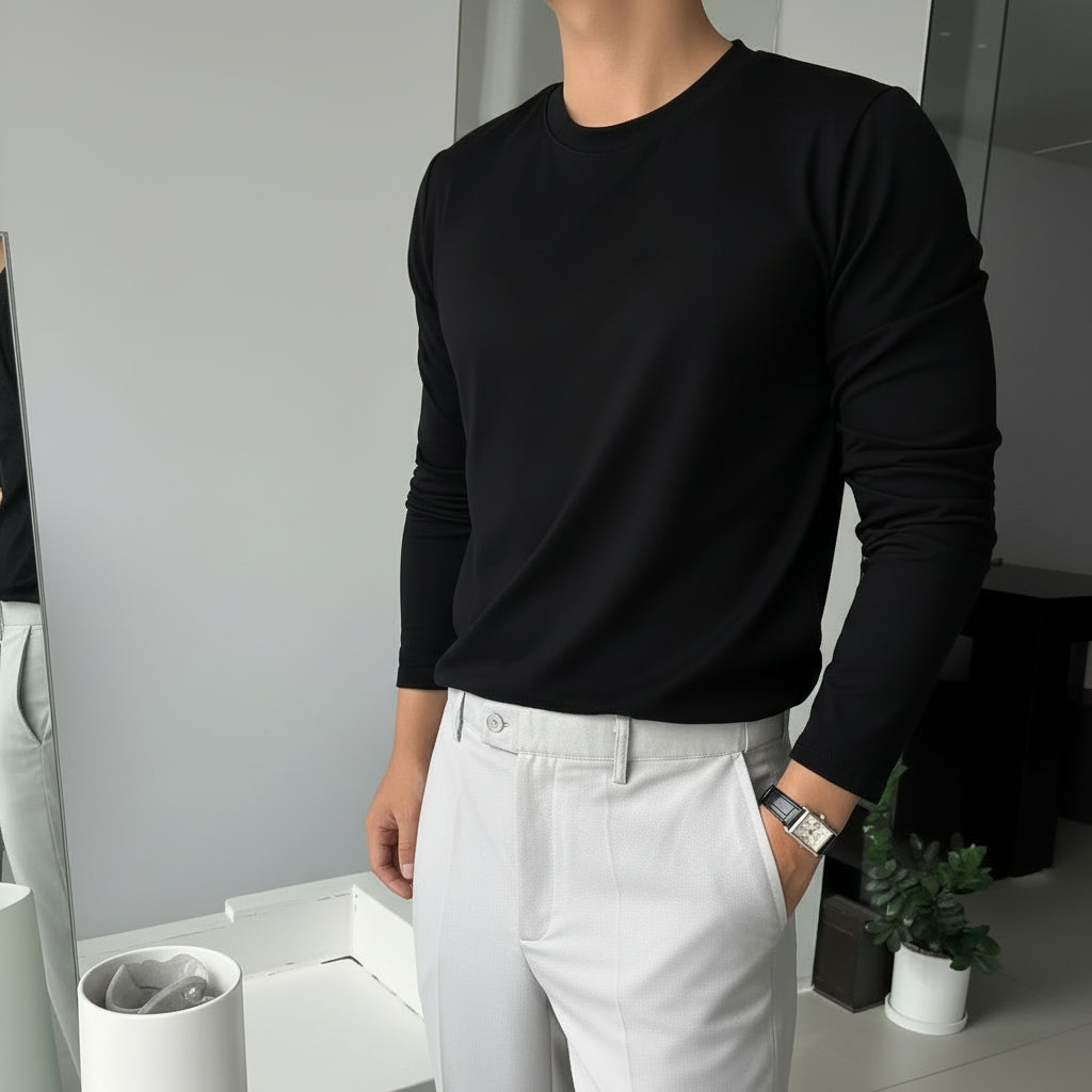 Men's black long-sleeved casual t-shirt