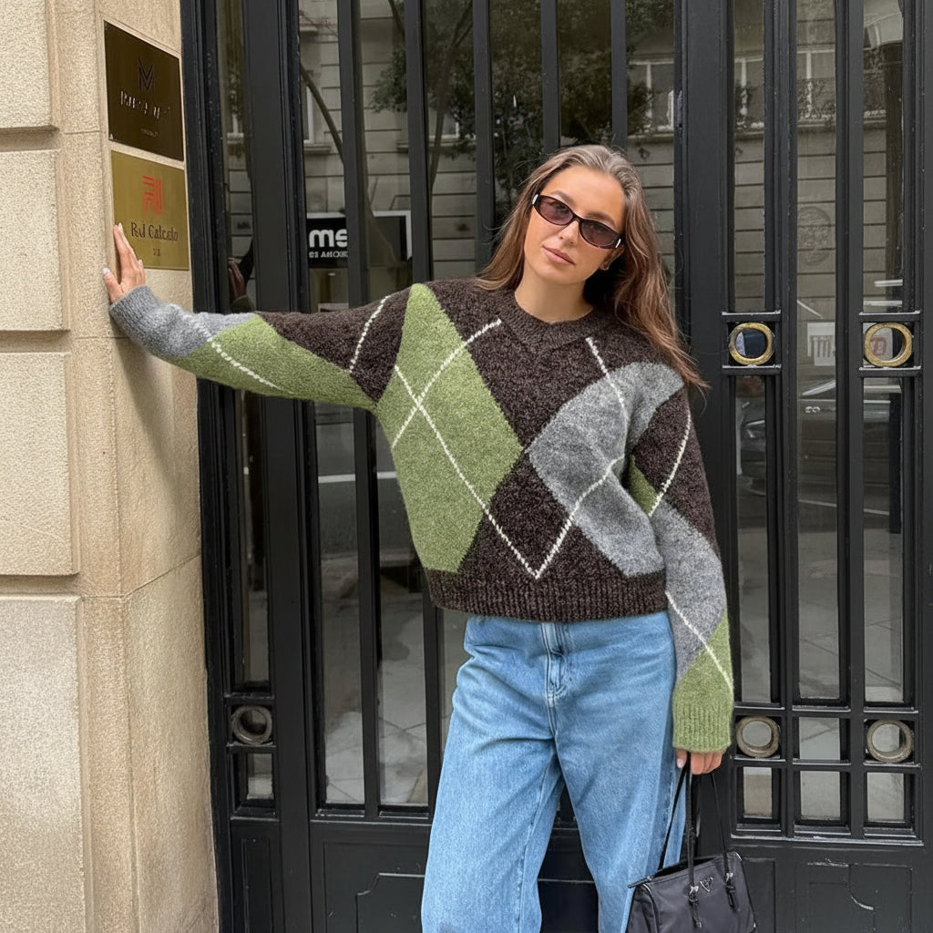 Women Argyle Knitted Sweater