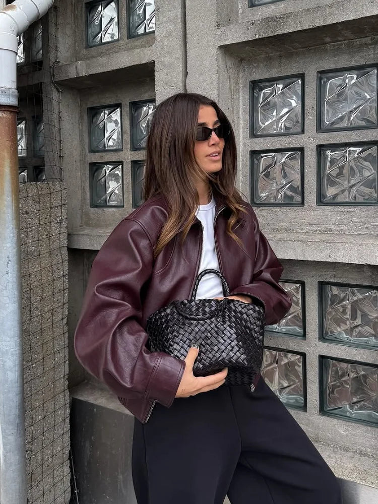 Wine Red Lapel Leather Jackets