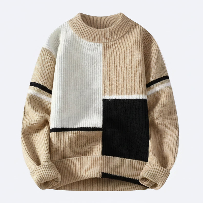 Beige and white sweater with black accents on a white background