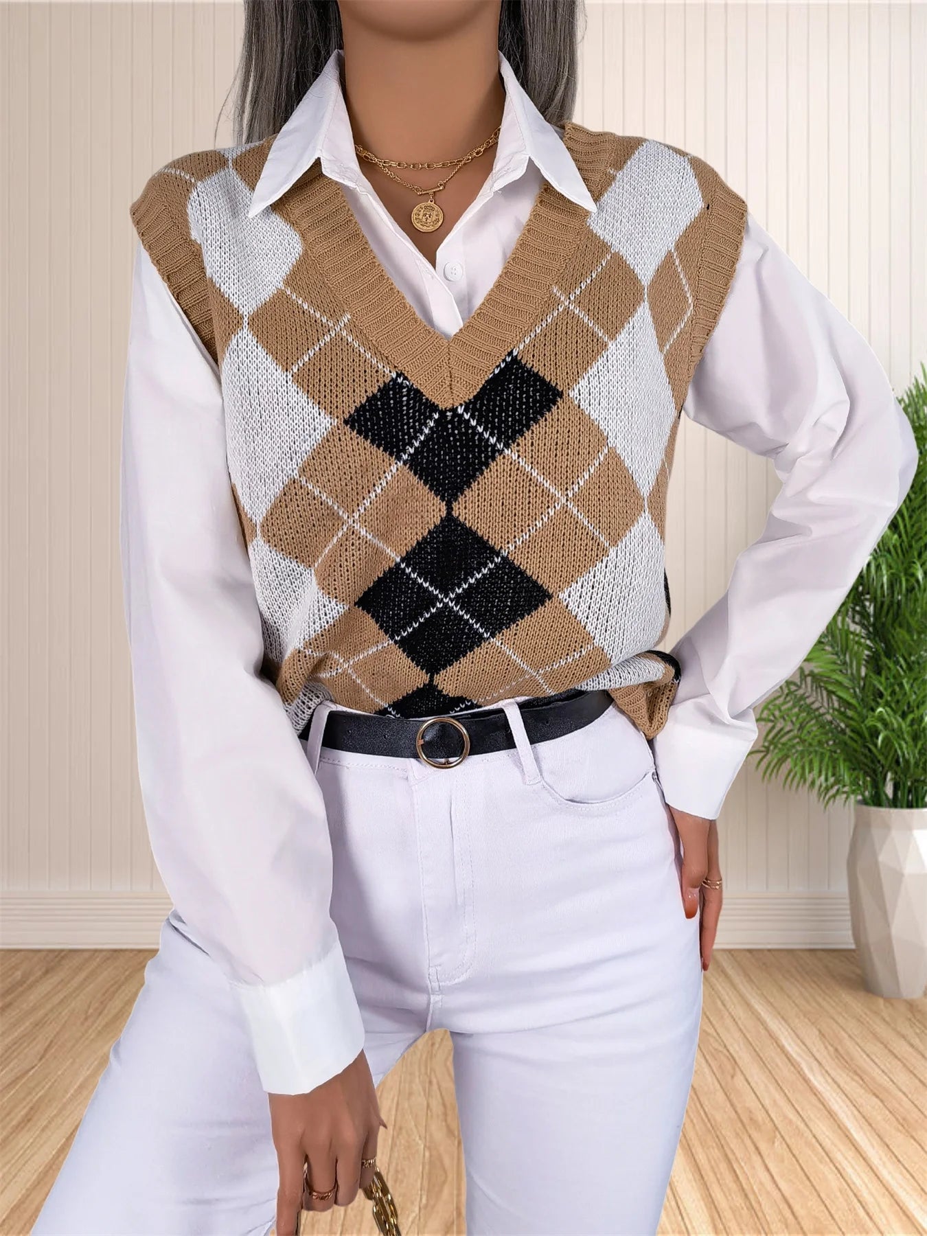 Women's Preppy Style Argyle Plaid Knitted Sweater Vest