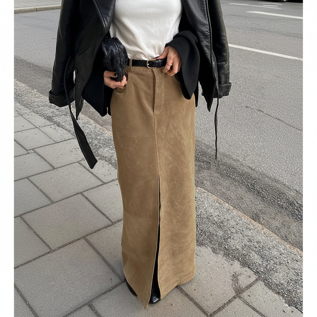 Brown Spring Suede Skirt