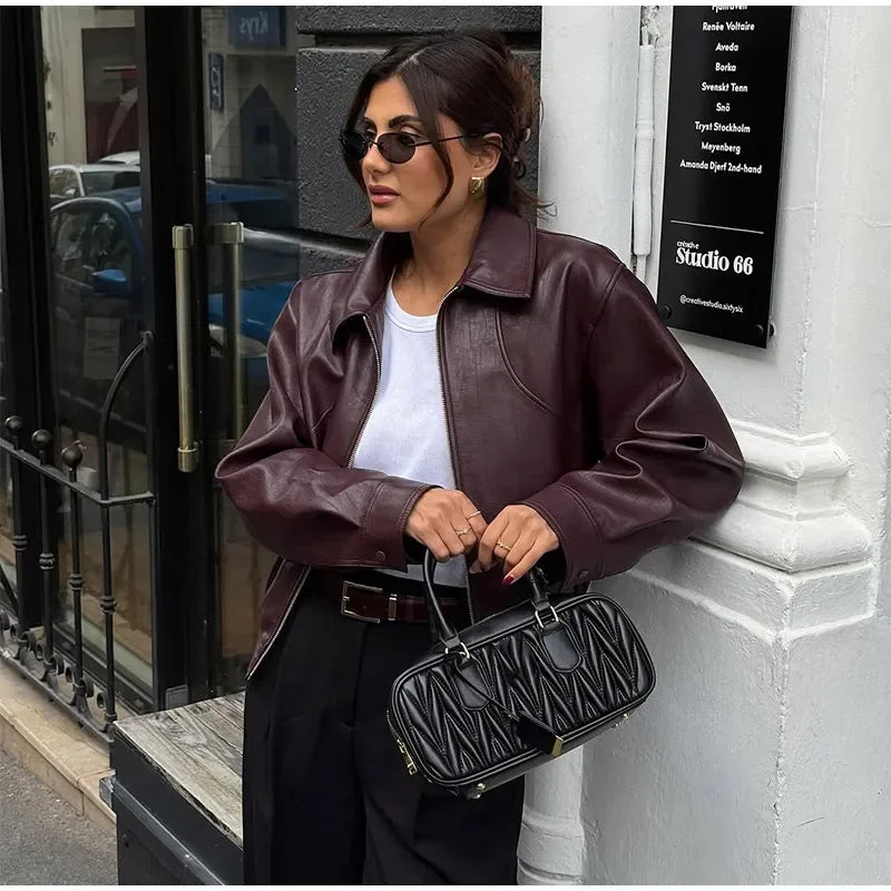 Wine Red Lapel Leather Jackets