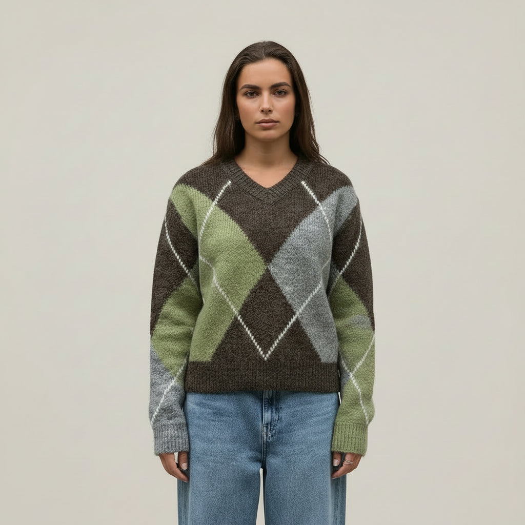 Women Argyle Knitted Sweater