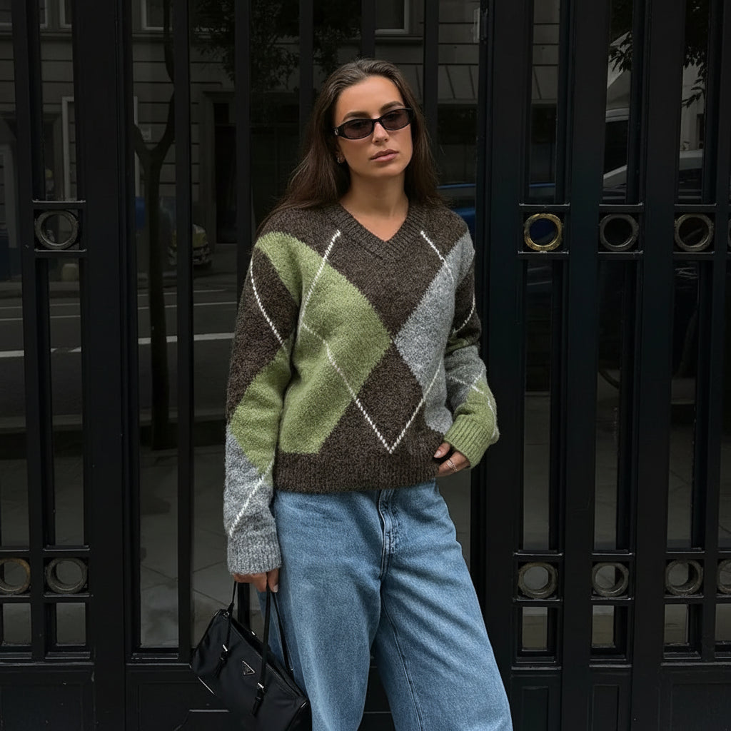 Women Argyle Knitted Sweater