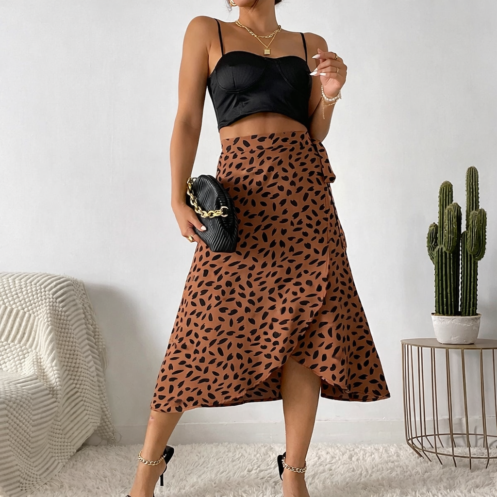 Women Casual Print Tie Side Wrap Skirt